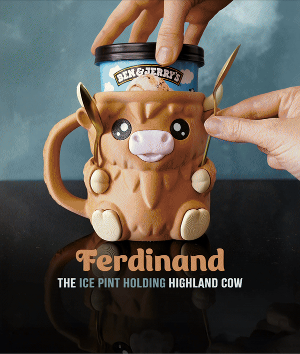 Cow Ice Cream Pint Holder – 3D Printed Cozy with Spoon Slots | Optional Snack Drawer | Highland Cow Design | Left or Right Handle