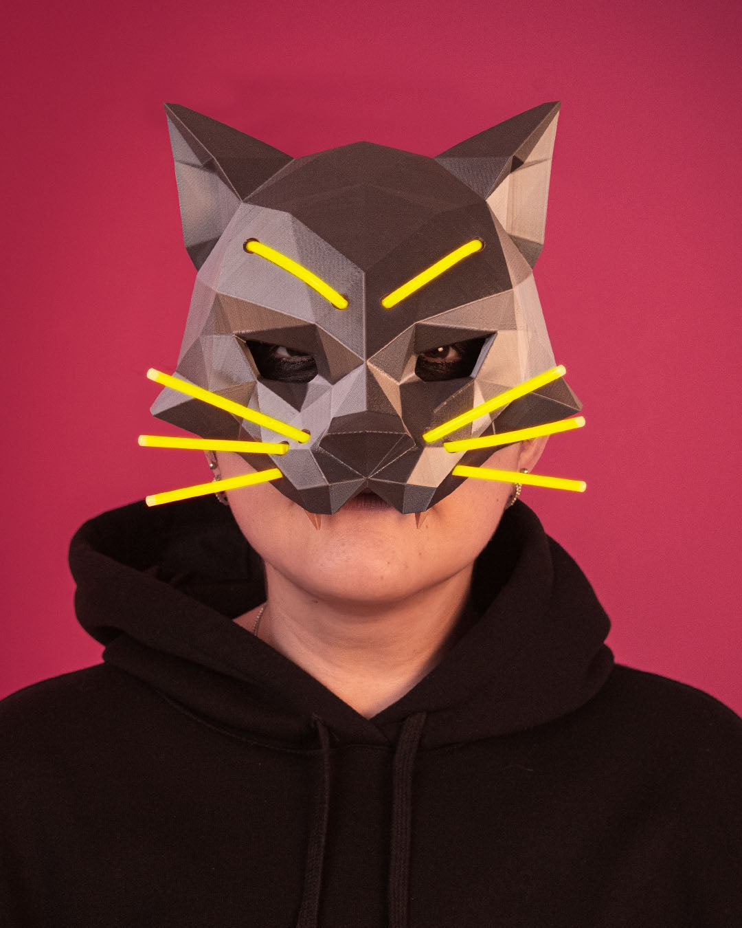 Hexa Cat Mask – Masquerade Macabre Collection | 3D Printed Geometric Cat Halloween Cosplay Mask with Glow Sticks in 3 Sizes