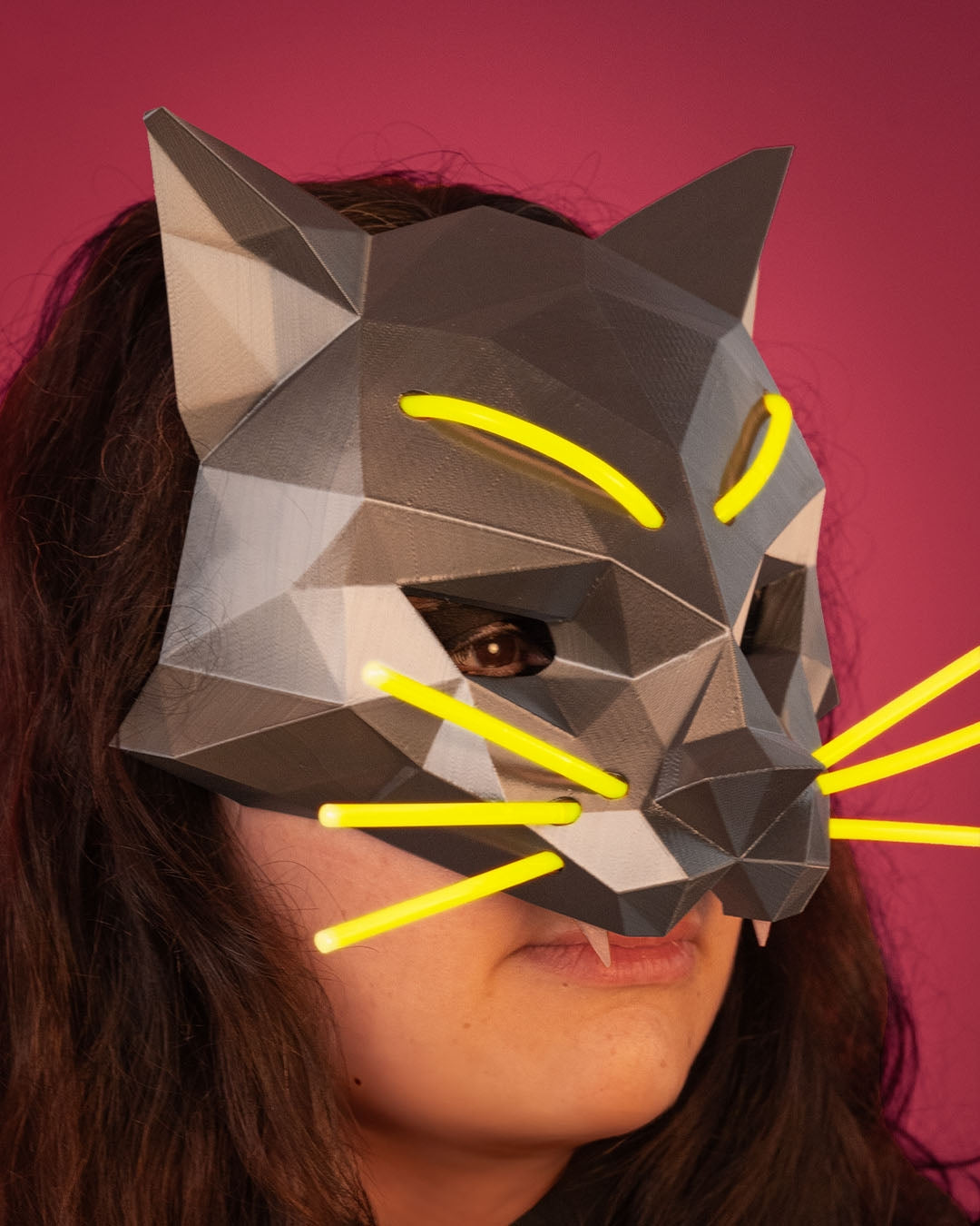 Hexa Cat Mask – Masquerade Macabre Collection | 3D Printed Geometric Cat Halloween Cosplay Mask with Glow Sticks in 3 Sizes