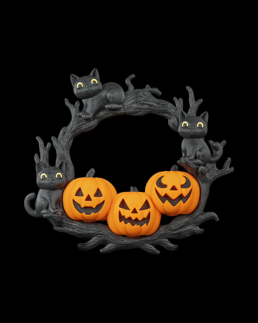 Pumpkin and Cat Halloween Wreath – The Cozy Patch | 3D Printed Spooky Door or Wall Décor | Black Cat & Jack-o’-Lantern Wreath