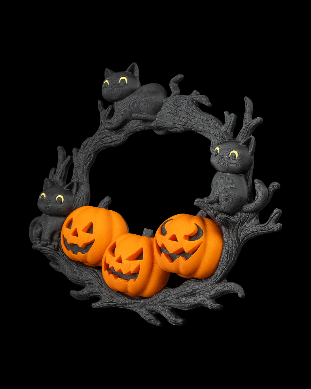 Pumpkin and Cat Halloween Wreath – The Cozy Patch | 3D Printed Spooky Door or Wall Décor | Black Cat & Jack-o’-Lantern Wreath
