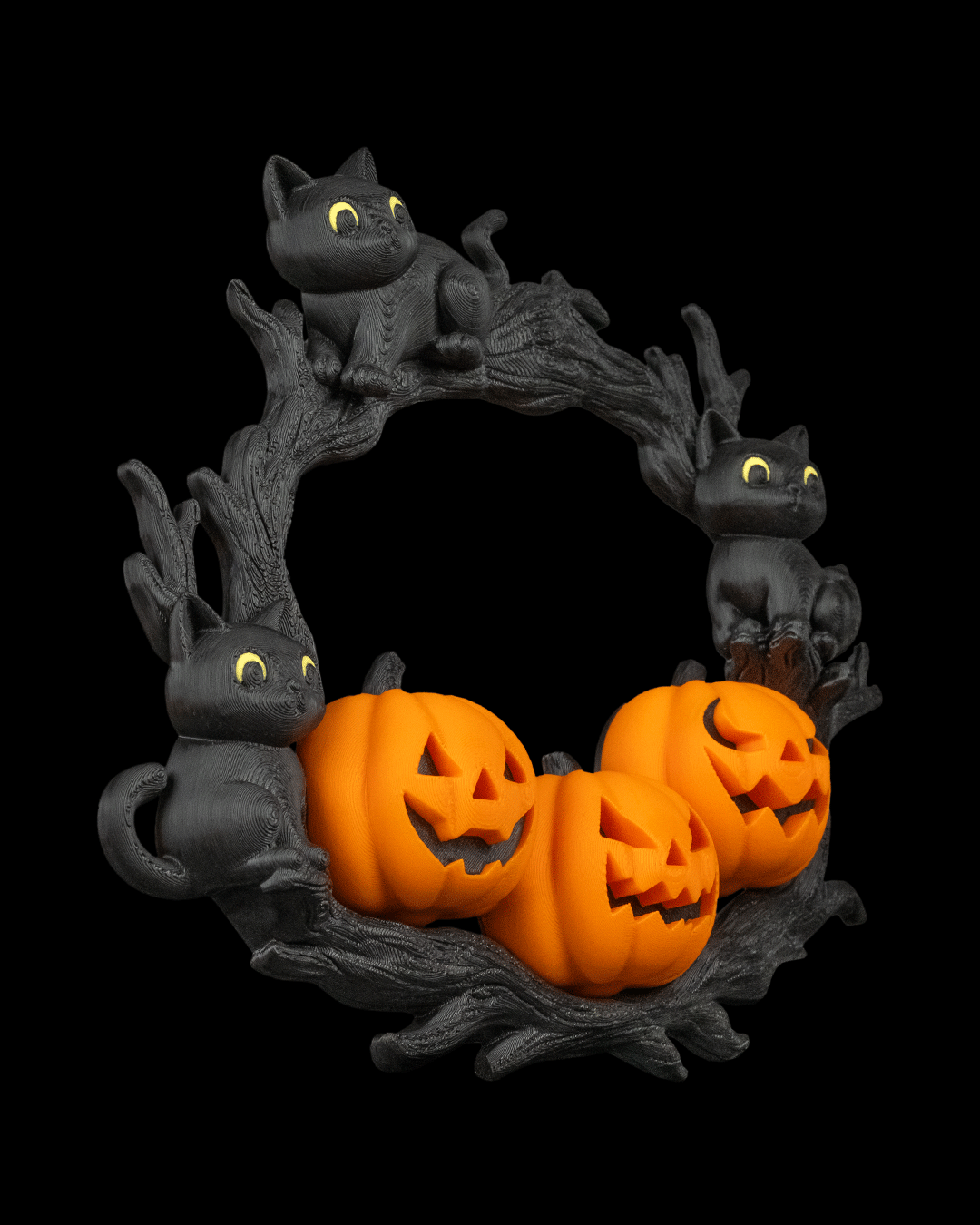 Pumpkin and Cat Halloween Wreath – The Cozy Patch | 3D Printed Spooky Door or Wall Décor | Black Cat & Jack-o’-Lantern Wreath