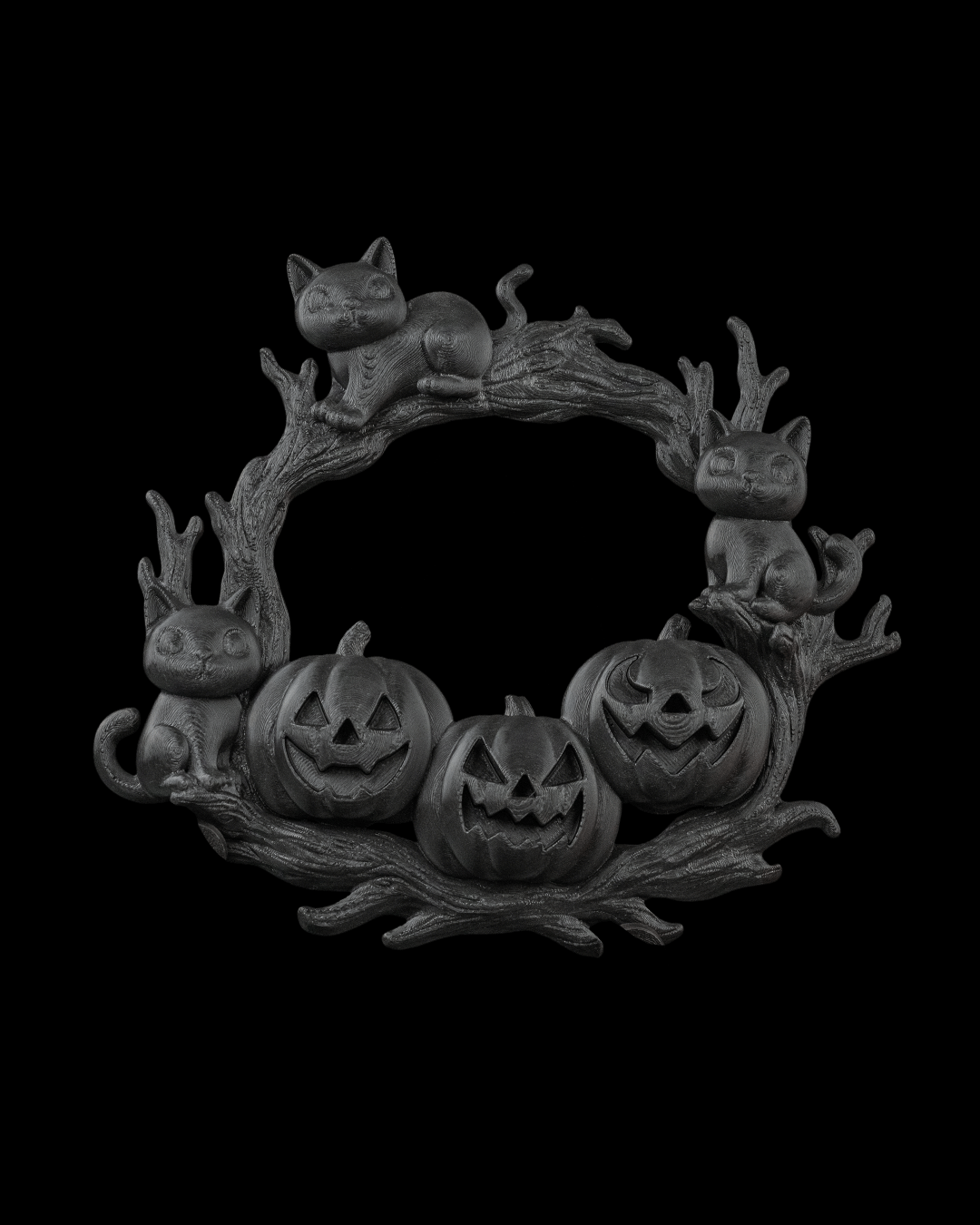 Pumpkin and Cat Halloween Wreath – The Cozy Patch | 3D Printed Spooky Door or Wall Décor | Black Cat & Jack-o’-Lantern Wreath