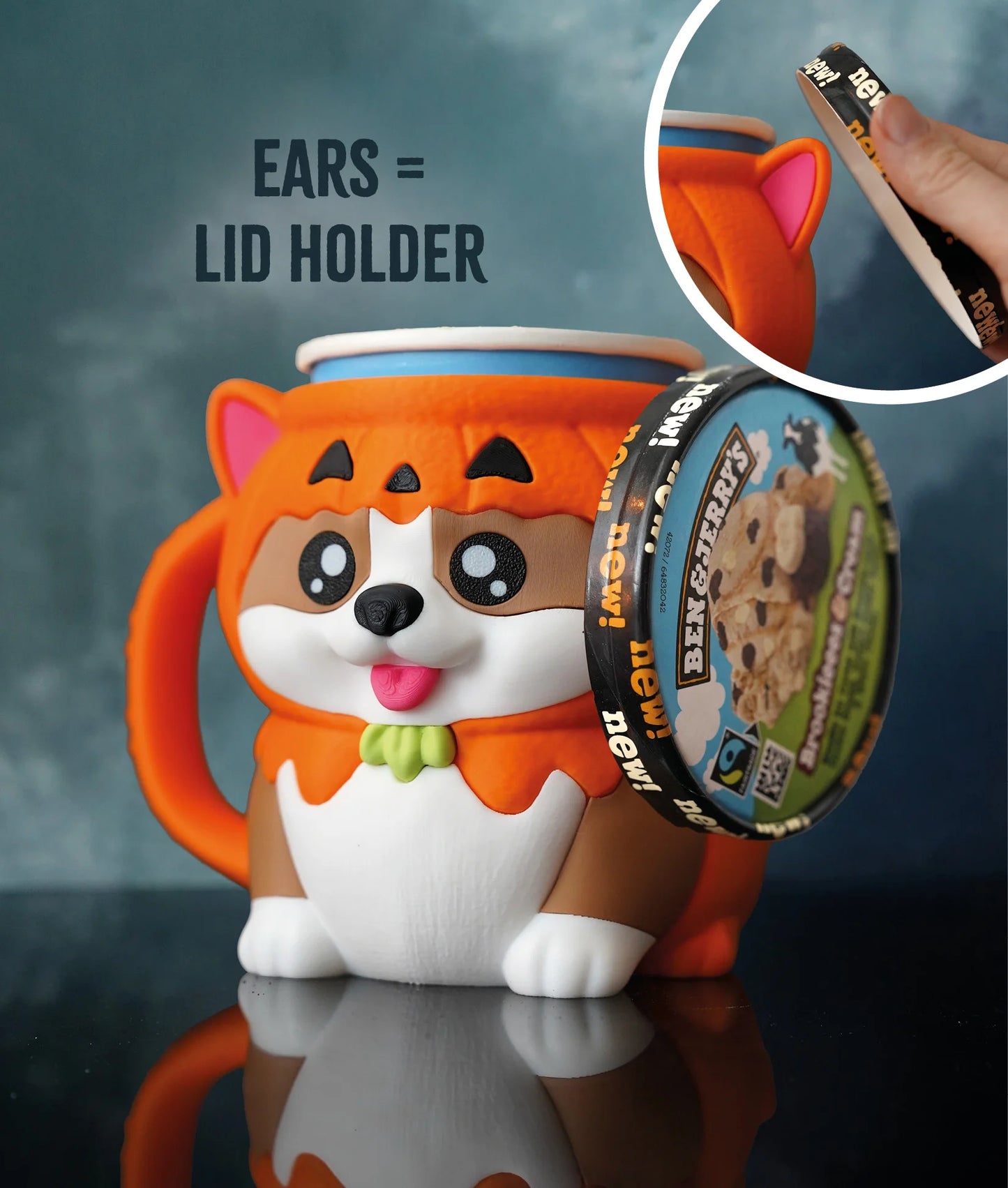 Corgi Ice Cream Pint Holder – 3D Printed Cozy with Spoon & Snack Slots | Kevin the Corgi | Left or Right Handle