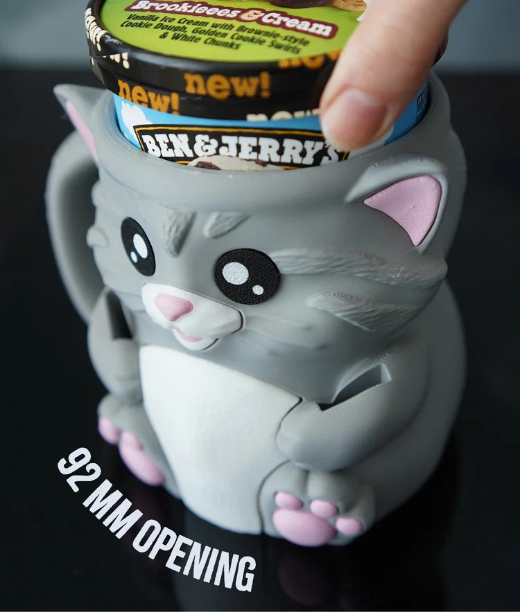 Cat Ice Cream Pint Holder – 3D Printed Cozy with Spoon Slots & Lid Holder | Optional Snack Drawer | Left or Right Handle