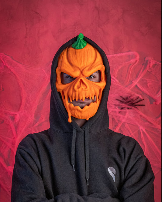 Carved in Fear Pumpkin Skull Mask – Horror Halloween Cosplay Mask | 3D Printed Jack-o’-Lantern Skull Hybrid Costume Prop