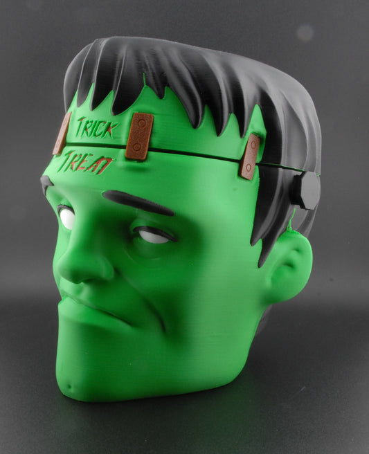 Frankenstein Trick-or-Treat Candy Bucket – 3D Printed Halloween Candy Holder | Monster Head Candy Container with Hinged Lid