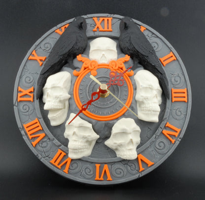 Skull Wall Clock – Gothic Raven Halloween Décor | The Last Hour 3D Printed Spooky Timepiece | Dark Home Accent Clock
