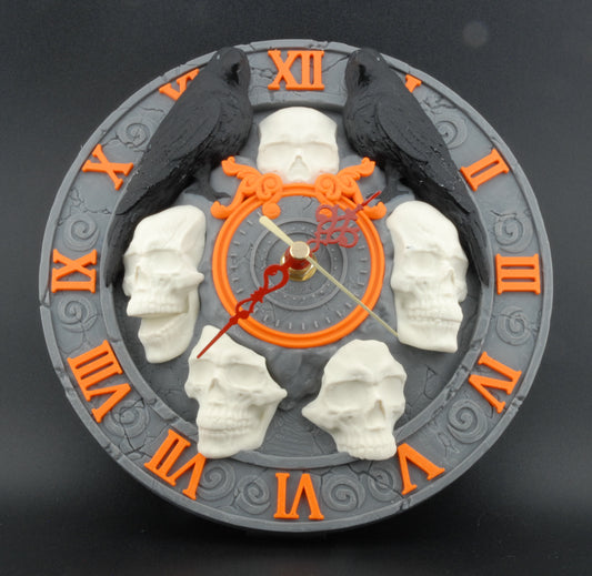 Skull Wall Clock – Gothic Raven Halloween Décor | The Last Hour 3D Printed Spooky Timepiece | Dark Home Accent Clock