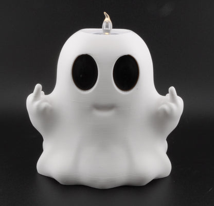 Funny Ghost Candle Holder – 3D Printed Halloween Decor with Dual LED Candles | Spooky Middle Finger Ghost Light (4.5")