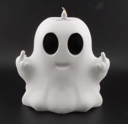 Funny Ghost Candle Holder – 3D Printed Halloween Decor with Dual LED Candles | Spooky Middle Finger Ghost Light (4.5")