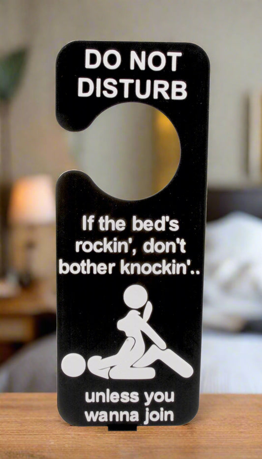 Door hanger with humorous text and graphic on a white background