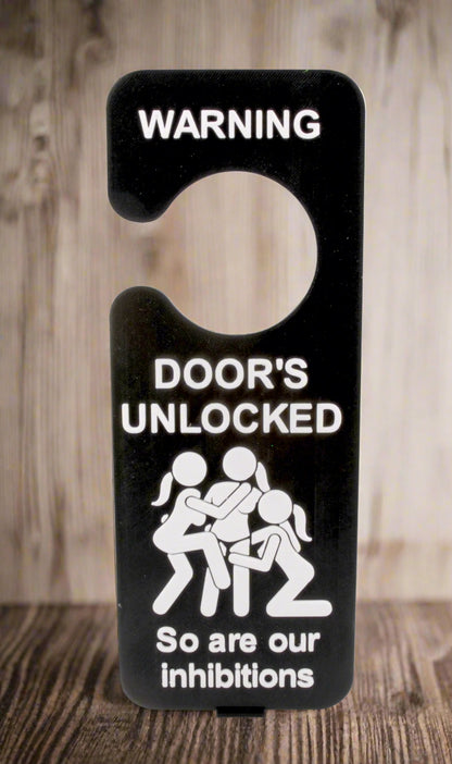 Black door hanger with white text and graphics on a white background