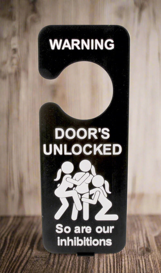 Black door hanger with white text and graphics on a white background