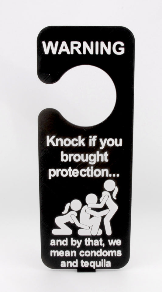 Funny Do Not Disturb Door Hanger – “Knock if You Brought Protection” Naughty Party Sign