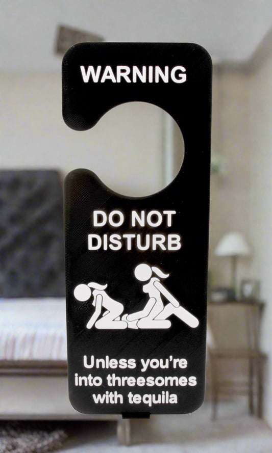 Door hanger with humorous warning text and illustrations on a white background