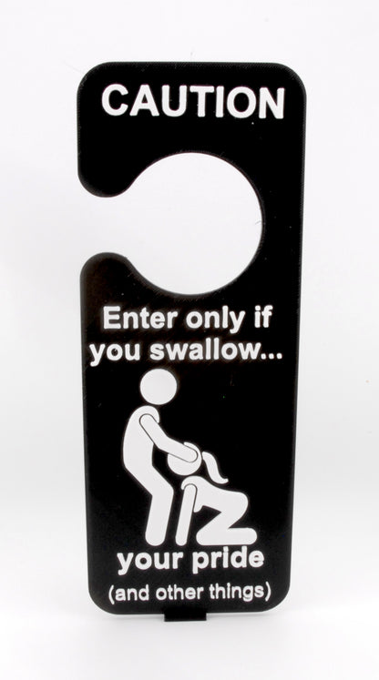 Caution Swallow Zone – Naughty Adult Humor Door Hanger | Funny Risqué Bedroom Sign