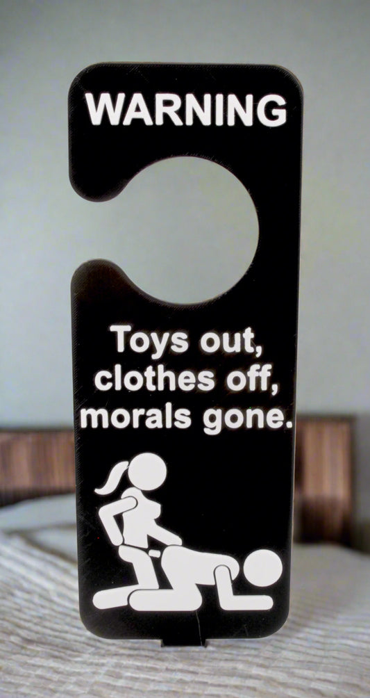 Door hanger with warning text and graphic on a white background