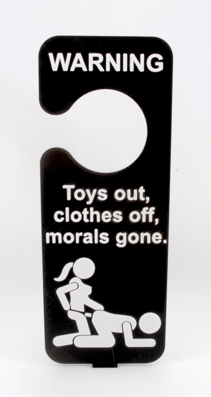 Funny Adult Door Hanger – “Toys Out, Clothes Off, Morals Gone” Naughty Bedroom Humor Sign | Sexy Gag Gift