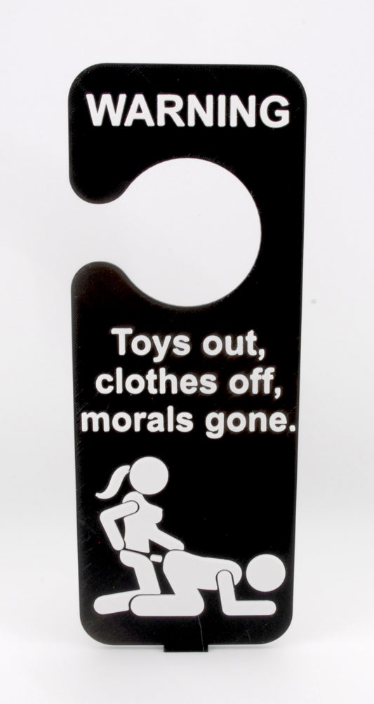 Funny Adult Door Hanger – “Toys Out, Clothes Off, Morals Gone” Naughty Bedroom Humor Sign | Sexy Gag Gift