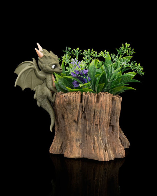Garden Scout Baby Dragon Planter – 16.5cm Fantasy Tree Stump Pot | 3D Printed Whimsical Home & Garden Décor