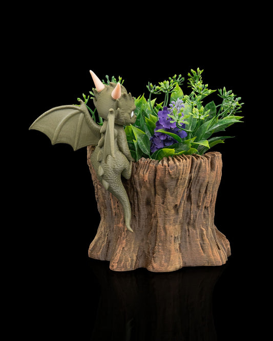 Garden Scout Baby Dragon Planter – 16.5cm Fantasy Tree Stump Pot | 3D Printed Whimsical Home & Garden Décor