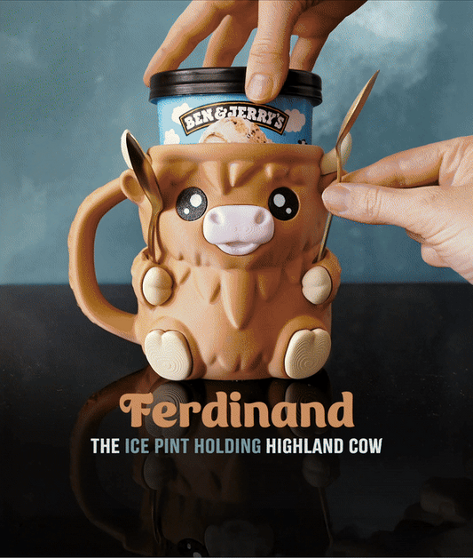Cow Ice Cream Pint Holder – 3D Printed Cozy with Spoon Slots | Optional Snack Drawer | Highland Cow Design | Left or Right Handle
