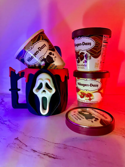Ghost Face Ice Cream Pint Holder – 3D Printed Horror Movie Cozy | Scream-Inspired Dessert Cup | Halloween Gift | Left or Right Handle