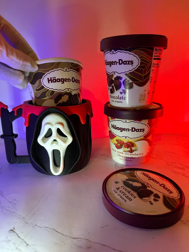 Ghost Face Ice Cream Pint Holder – 3D Printed Horror Movie Cozy | Scream-Inspired Dessert Cup | Halloween Gift | Left or Right Handle