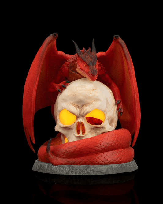 Necrodragon Table Lamp – Gothic Red Dragon with Skull Light | 3D Printed Halloween Dragon Lamp | Spooky Fantasy Home Decor (20cm)