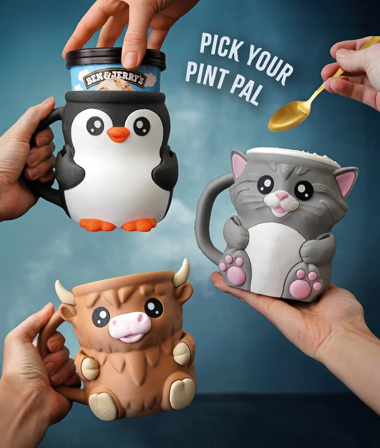 Cat Ice Cream Pint Holder – 3D Printed Cozy with Spoon Slots & Lid Holder | Optional Snack Drawer | Left or Right Handle