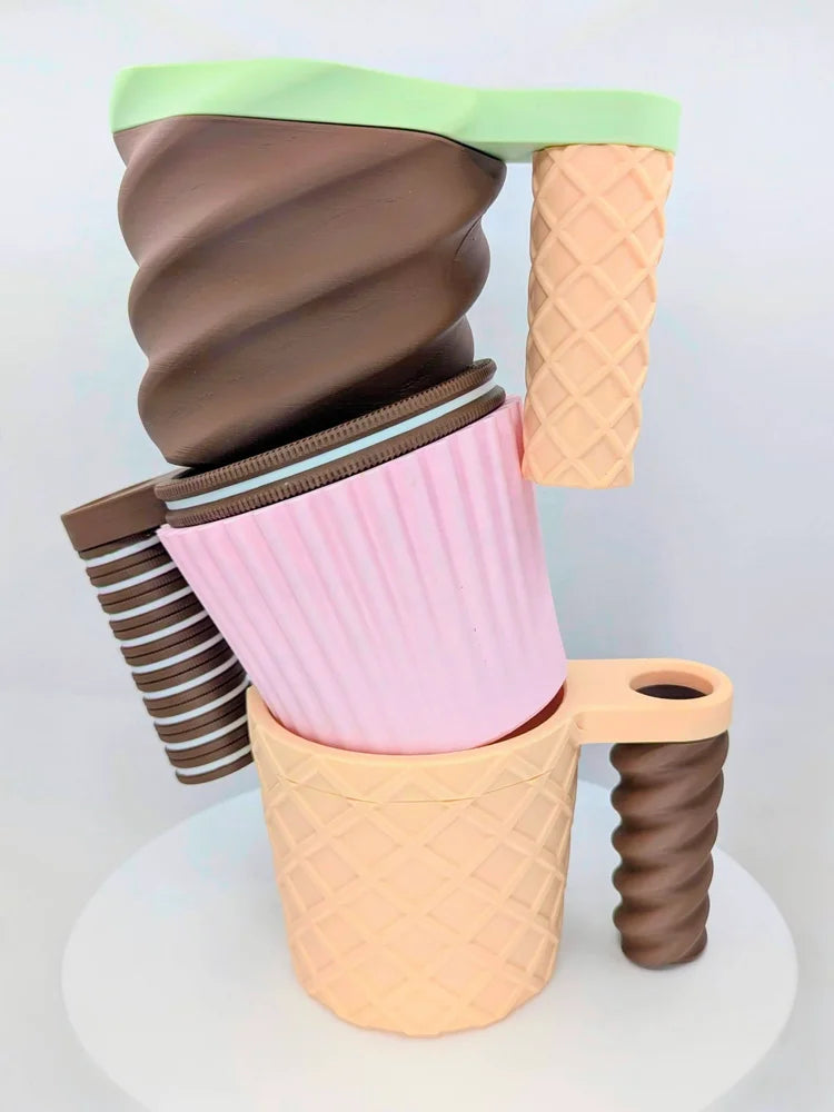 Custom Ice Cream Pint Holder – 3D Printed Mix & Match Cozy | Swirl, Waffle Cone, or Cupcake Body with Cookie, Swirl, or Cone Handle