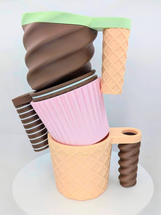 Custom Ice Cream Pint Holder – 3D Printed Mix & Match Cozy | Swirl, Waffle Cone, or Cupcake Body with Cookie, Swirl, or Cone Handle