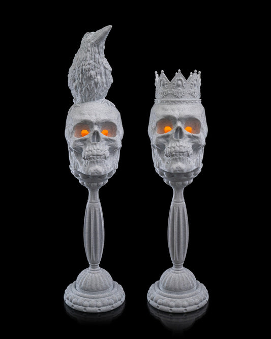 Skull Candle Holders – 2 Styles Gothic Halloween Decor | Crow Skull or Crown Skull | 3D Printed Horror Candle Stand with LED Glow