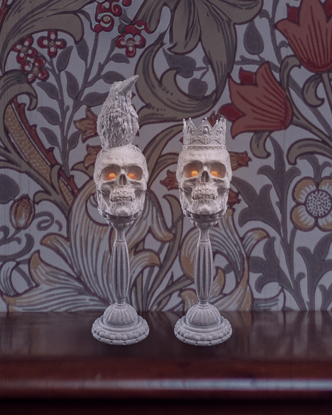 Skull Candle Holders – 2 Styles Gothic Halloween Decor | Crow Skull or Crown Skull | 3D Printed Horror Candle Stand with LED Glow