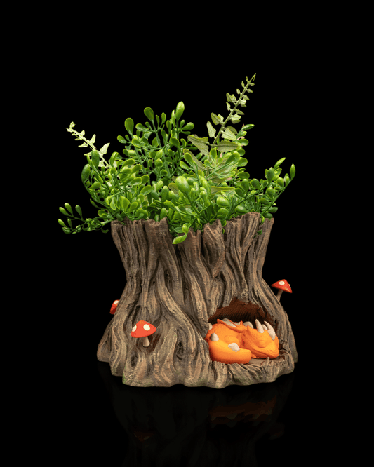 Snuggle Stump Dragon Planter – Fantasy Woodland Tree Stump Pot | 3D Printed Baby Dragon Home & Garden Décor