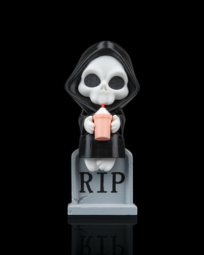 Sweet Rest Reaper Figurine – Grim Reaper on Tombstone with Drink | 3D Printed Halloween Collectible | Killer Holidays Collection