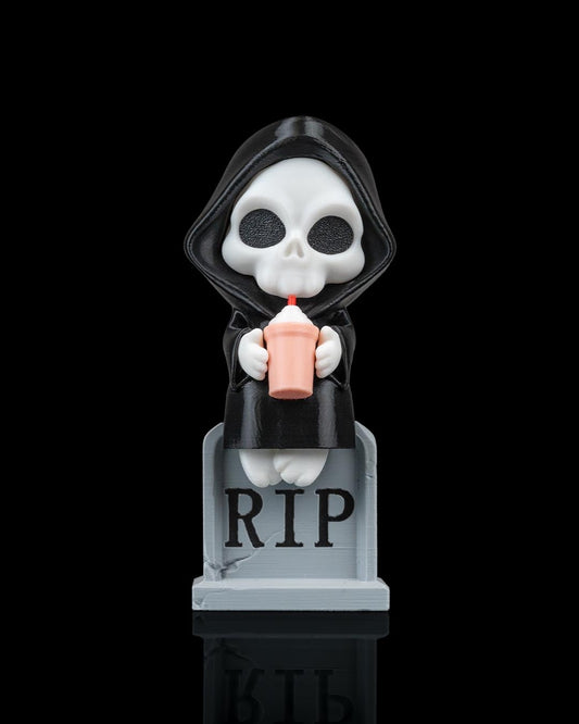 Sweet Rest Reaper Figurine – Grim Reaper on Tombstone with Drink | 3D Printed Halloween Collectible | Killer Holidays Collection
