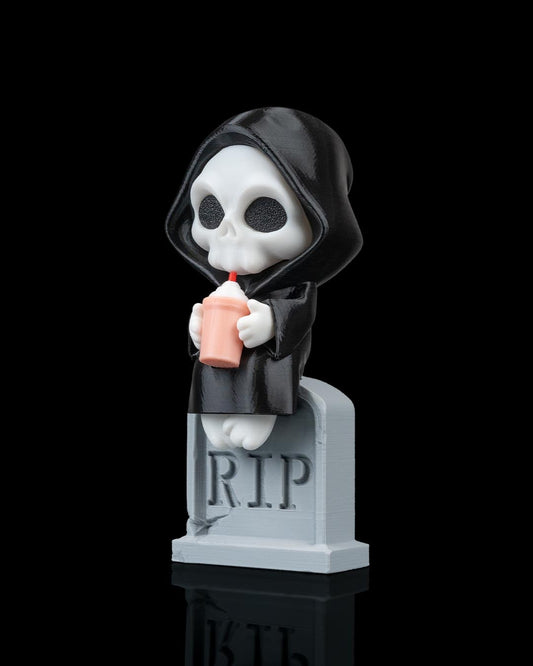 Sweet Rest Reaper Figurine – Grim Reaper on Tombstone with Drink | 3D Printed Halloween Collectible | Killer Holidays Collection