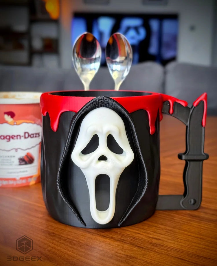 Ghost Face Ice Cream Pint Holder – 3D Printed Horror Movie Cozy | Scream-Inspired Dessert Cup | Halloween Gift | Left or Right Handle