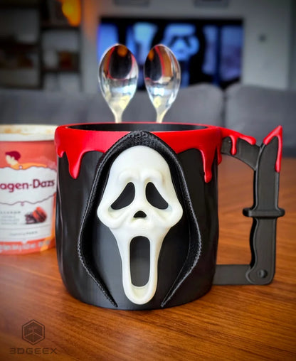 Ghost Face Ice Cream Pint Holder – 3D Printed Horror Movie Cozy | Scream-Inspired Dessert Cup | Halloween Gift | Left or Right Handle