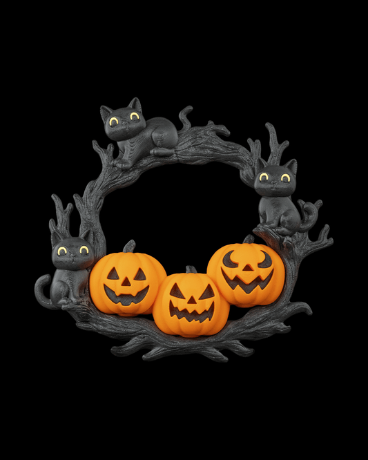 Pumpkin and Cat Halloween Wreath – The Cozy Patch | 3D Printed Spooky Door or Wall Décor | Black Cat & Jack-o’-Lantern Wreath