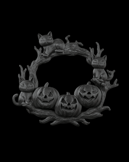 Pumpkin and Cat Halloween Wreath – The Cozy Patch | 3D Printed Spooky Door or Wall Décor | Black Cat & Jack-o’-Lantern Wreath