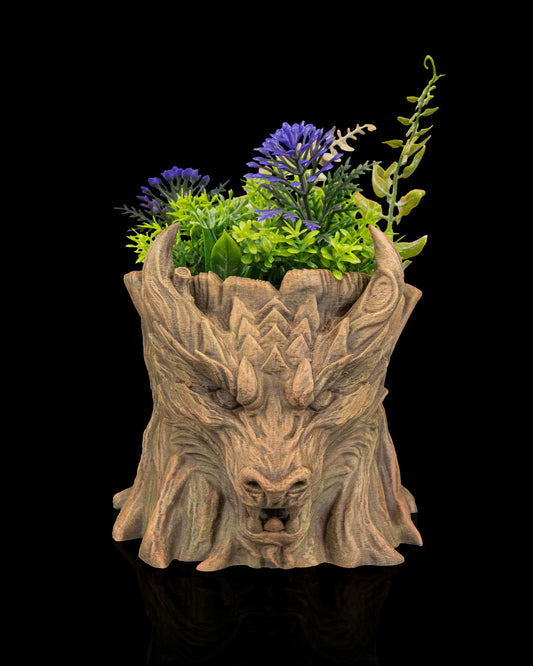 The Grove Keeper Dragon Planter – 12cm Fantasy Wooden Guardian Pot | 3D Printed Mythical Home & Garden Décor