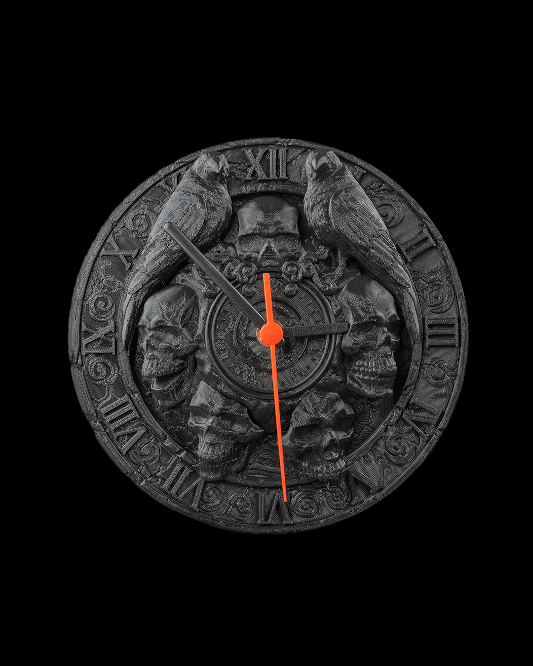 Skull Wall Clock – Gothic Raven Halloween Décor | The Last Hour 3D Printed Spooky Timepiece | Dark Home Accent Clock