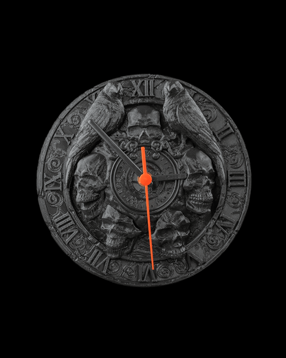 Skull Wall Clock – Gothic Raven Halloween Décor | The Last Hour 3D Printed Spooky Timepiece | Dark Home Accent Clock