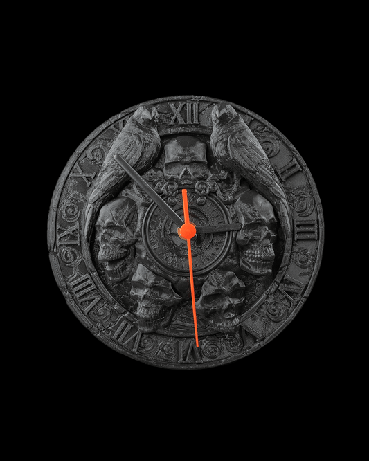 Skull Wall Clock – Gothic Raven Halloween Décor | The Last Hour 3D Printed Spooky Timepiece | Dark Home Accent Clock