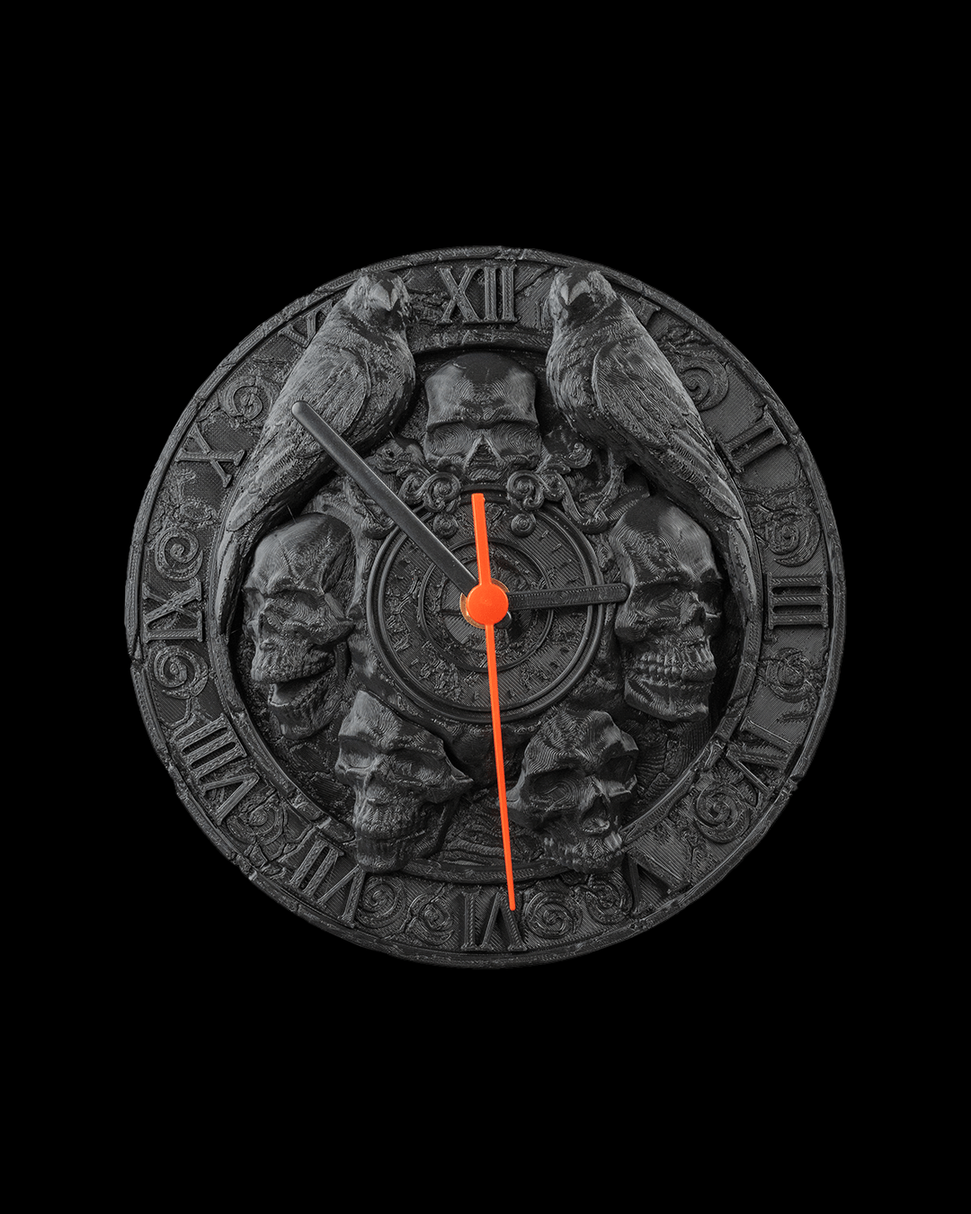 Skull Wall Clock – Gothic Raven Halloween Décor | The Last Hour 3D Printed Spooky Timepiece | Dark Home Accent Clock