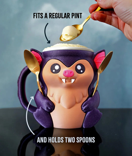 Bat Ice Cream Pint Holder – 3D Printed Cozy with Spoon Slots & Lid Holder | Optional Snack Drawer | Left or Right Handle