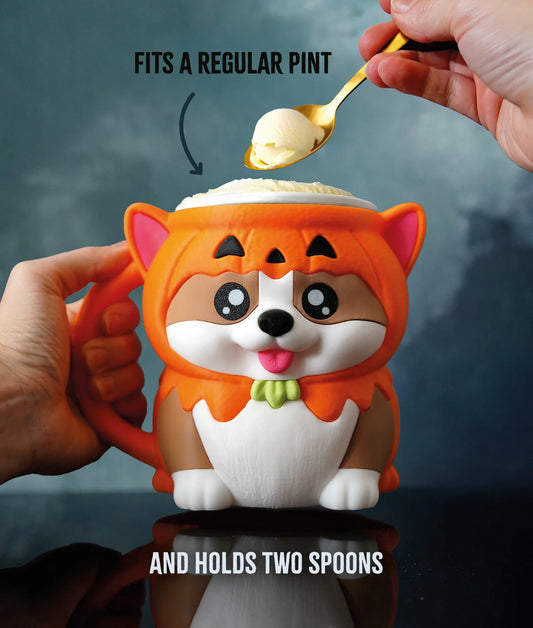 Corgi Ice Cream Pint Holder – 3D Printed Cozy with Spoon & Snack Slots | Kevin the Corgi | Left or Right Handle